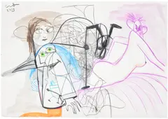 Reclining Nude by George Condo, 2023, coloured pencil, crayon and watercolour on paper, sold Oct 2026