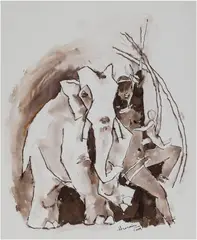 Untitled (Lady & Elephant) by Maqbool Fida Husain, 2009, pen, ink and watercolour on paper, sold Oct 2026