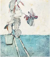 Rubber Plant and Skeleton by David Hockney, 1959-60, oil and mixed media on board, sold Oct 2026