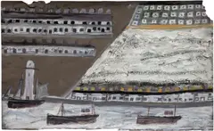 Ships and Lighthouse, Houses by Alfred Wallis, graphite and oil on paper, sold Oct 2026