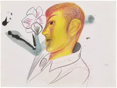 Self-portrait with Amaryllis by Louis Fratino, 2018, coloured pencil and ink on paper, sold Oct 2026