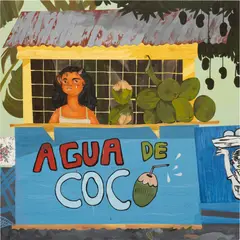 And Is it My Fault if the Coconuts Don't Sell by Bony Ramirez, 2022, acrylic, oil pastel, colour pencil and wallpaper and paper collage on panel, sold Oct 2026