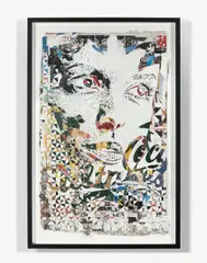 Dissonance #7 by Vhils, 2013, Affiches collectées dans la rue et découpées au cutter et au laser, sold Apr 2017