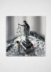 Justice by Kurar, 2016, Pochoir, peinture aérosol et acrylique sur toile, sold Apr 2017