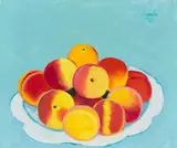 Pfirsichstillleben by Dietmar Lemcke, 2001, Öl auf Leinwand, sold Mar 2024