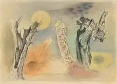 Ohne Titel (Landschaft mit Weiden) by Edmund Kesting, 1950, Aquarell, Tuschfeder und Feder auf Velin, sold Jul 2025