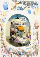 Un Réveillon surprise sinon rien by Philippe Vuillemin, Encre de Chine, aquarelle et gouache pour une illustration représentant une famille attablée pour le réveillon. Signé. M, sold Apr 2017