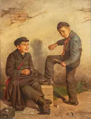 Two Boot Jacks Mending Their Clothing by John George Brown, 1900, Oil on Canvas, offered Oct 2026