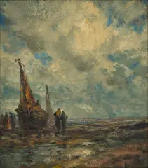 Ships Unloading the Day's Catch at Low Tide by Robert Hopkin, circa 1900, Oil on Canvas, sold Oct 2026