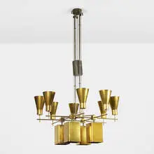Custom chandelier by Paavo Tynell, c. 1954, brass, perforated brass, patinated brass, steel wire, sold Oct 2020