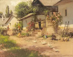 Young Woman in Farmyard by László Neogrády, Oil on Canvasboard, sold Oct 2026