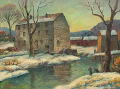 A New England Mill by George Jensen, Oil on Masonite, sold Oct 2026