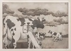 Deplaning a Cow by Stephen Hansen, Engraving on Wove Paper, sold Oct 2026
