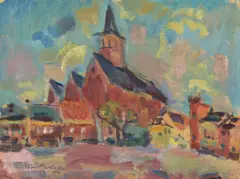 Dorfkirche by Else Lohmann, 1954, Öl auf Karton, sold May 2014