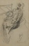 Élégante au volant by Jules Chéret, Crayon sur papier signé en bas à droite. Encadrée, sold Nov 2017