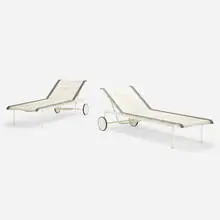 1966 adjustable chaises, pair by Richard Schultz, enameled aluminum, nylon, vinyl, rubber, sold Aug 2020