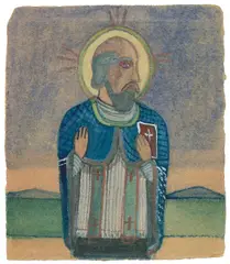 Wizerunek świętego by Nikifor Krynicki, lata 40. XX w., akwarela, gwasz, tektura, sold Oct 2026