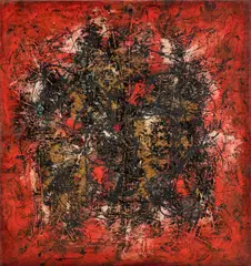 Nachylenia na czerwieni by Alfred Lenica, 1956, olej, płótno, sold Oct 2026