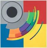 Układ z czarnym kołem by Jan Pamuła, 1974, olej, płótno, sold Oct 2026