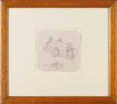 DESIGN FOR A DESK STAND AND PEN TRAY, CIRCA 1846 by Augustus Welby Northmore Pugin, pen and ink, framed, 15cm x 15.5cm (frame size 38.5cm x 43cm), sold Oct 2026