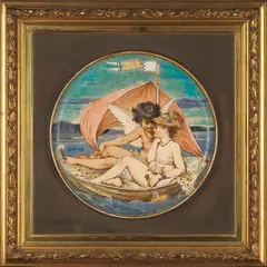 ‘CHERUB ON BOAT’ CHARGER, CIRCA by William Stephen Coleman, painted and glazed earthenware, sold Oct 2026