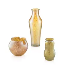 TWO LOETZ 'PAPILLON' VASES, CIRCA 1900 by Loetz, 1900, iridescent glass, 35.5cm and 14cm high, sold Oct 2026