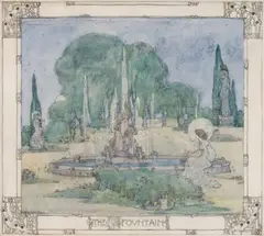 THE FOUNTAIN by Jessie M. King, pen and ink, watercolour on vellum, sold Oct 2026