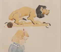 LION AND GIRL STUDY by Jessie M. King, watercolour, framed, sold Oct 2026