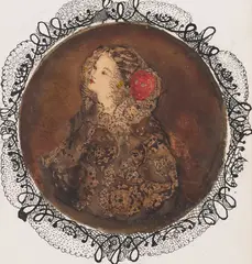 'SPANISH GIRL' by Annie French, watercolour, pen and ink on vellum, mounted on a cartouche with ink border by the same hand, sold Oct 2026