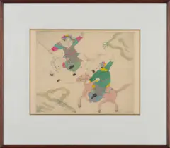 'PERFORMERS' by Elyse Ashe Lord, hand-coloured etching, framed, 22cm x 26.5cm, sold Oct 2026