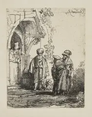 THREE ORIENTAL FIGURES (JACOB AND LABAN?) (BARTSCH, HOLLSTEIN 118; NEW HOLLSTEIN 190) by Rembrandt Harmensz van Rijn, etching and drypoint, 1641, a good impression of New Hollstein's second (final) state, printing with plate tone, on pape, sold Oct 2026