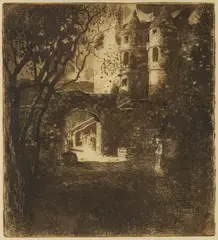 ROWALLAN'S TOWERS (RINDER 171) by David Young Cameron, etching, 1893, printing with plate tone, one of very few impressions, on fine Japan paper, framed, offered Oct 2026
