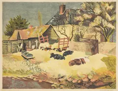 ESSEX FARMYARD by John Aldridge, lithograph printed in colours, 1948, offered Oct 2026