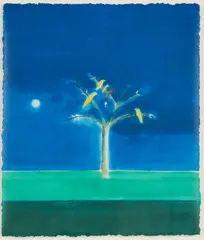 CANARIES IN A TREE by Craigie Aitchison, screenprint in colours, 2003, sold Oct 2026