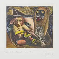 BOY, LION, LAMB by John Byrne, lithograph with mezzotint printed in colours with hand-colouring, 1994, sold Oct 2026