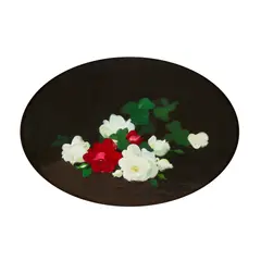 A STILL LIFE OF RED AND WHITE ROSES by Stuart Park, oil on canvas, oval, sold Oct 2026