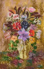 AUTUMN LEAVES AND PETUNIAS by Mary Nicol Neill Armour, pastel, sold Oct 2026
