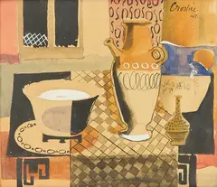 COMPOSITION by William Crosbie, ink and watercolour, sold Oct 2026