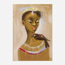 Girl and Bird by Karl Priebe, 1954, casein on paperboard, sold Oct 2026