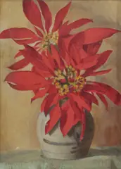 Poinsettias,' 1931 (?) by Harold Abbott, Oil on Board, sold Oct 2026
