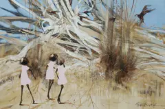 Three Girls, Butterflies and Birds by Richard Bogusz, Oil on Canvas on Board, sold Oct 2026