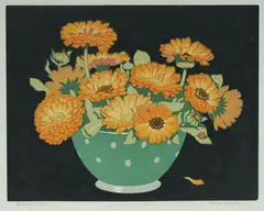 Marigolds by Hall Thorpe, linocut, sold Oct 2026