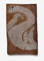 Borlung, the Rainbow Serpent by Jimmy Njiminjuma, Natural Earth Pigments on Bark, sold Oct 2026