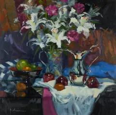 CASA BLANCA LILIES AND SILVER EWER by Jack Morrocco, oil on canvas, sold Aug 2026
