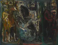 EQUESTRIAN KING & COURTIERS by Robin Philipson, 1957, oil on canvas-board, sold Aug 2026
