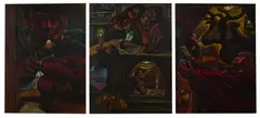 THE SCOTTISH TRILOGY by Peter Howson, 1987, Oil on three canvas panels, offered Sep 2026