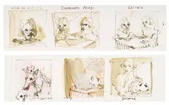 TWO WORKS: HEAD ON A PLATE/SHARING FOOD/EATING & SALOME by Moyna Flannigan, 2005, ink and wash (2), sold Sep 2026