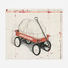 Package on Radio Flyer, Project by Christo, 1993, lithograph and silkscreen in colors with collage of broadcloth, twine and tape, and pencil additions on BFK Rives mounte, sold Oct 2026