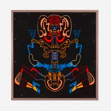 Lyre, Lyre Pants on Fire by Karl Wirsum, 1975, acrylic on board with brads in artist's frame, sold Oct 2026