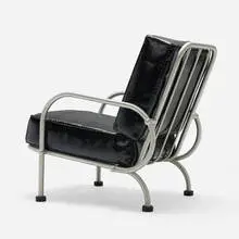 Armchair, model 917 by Warren McArthur, c. 1935, anodized aluminum, vinyl upholstery, rubber, sold Oct 2026